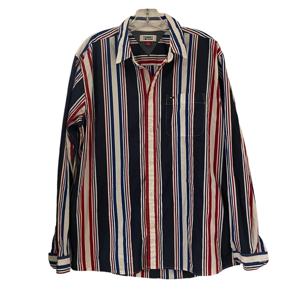 Y2K TOMMY HILFIGER Striped Button Down Button Up Shirt Size Large Red White Blue